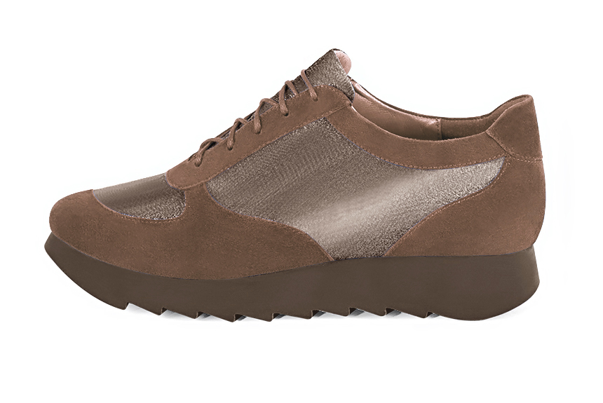 Chocolate brown and bronze gold women's elegant sneakers. Round toe. Low rubber soles. Profile view - Florence KOOIJMAN